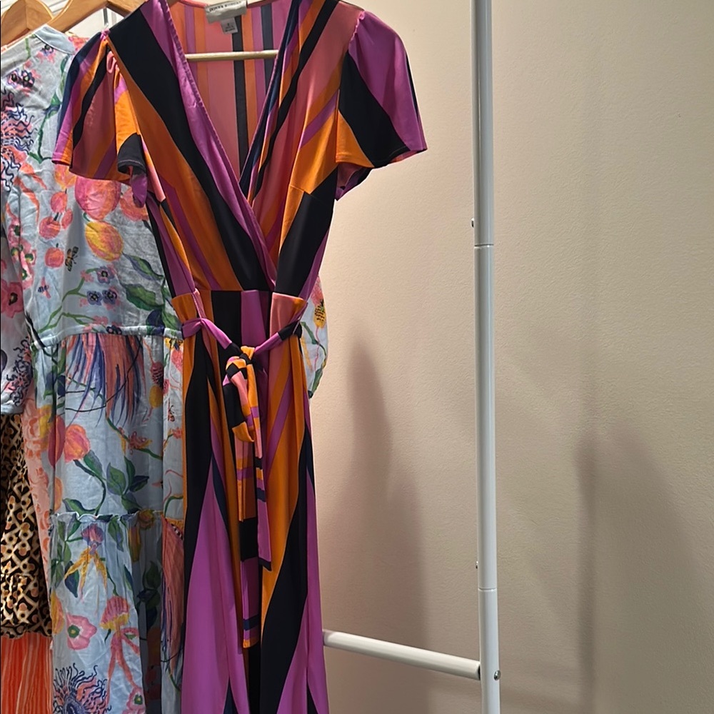 Donna Morgan Red and Orange Wrap Maxi Dress with Flutter Sleeves
